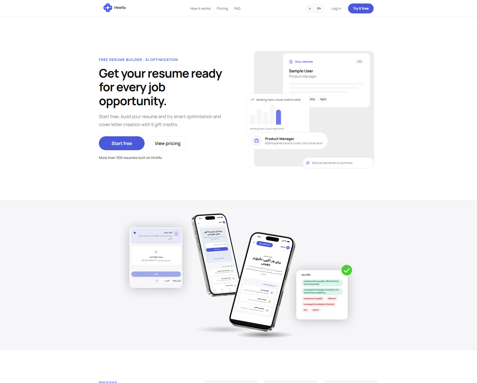 Hireflo site: hero, phone mockups, upload and AI skills